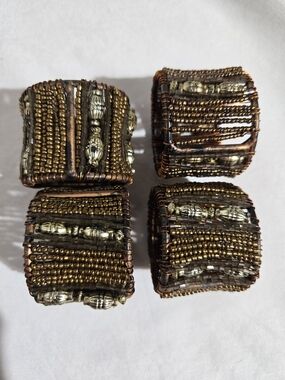 Vintage Bronze Gold Beaded Napkin Rings Set of 4 Metallic Wire Woven Holders